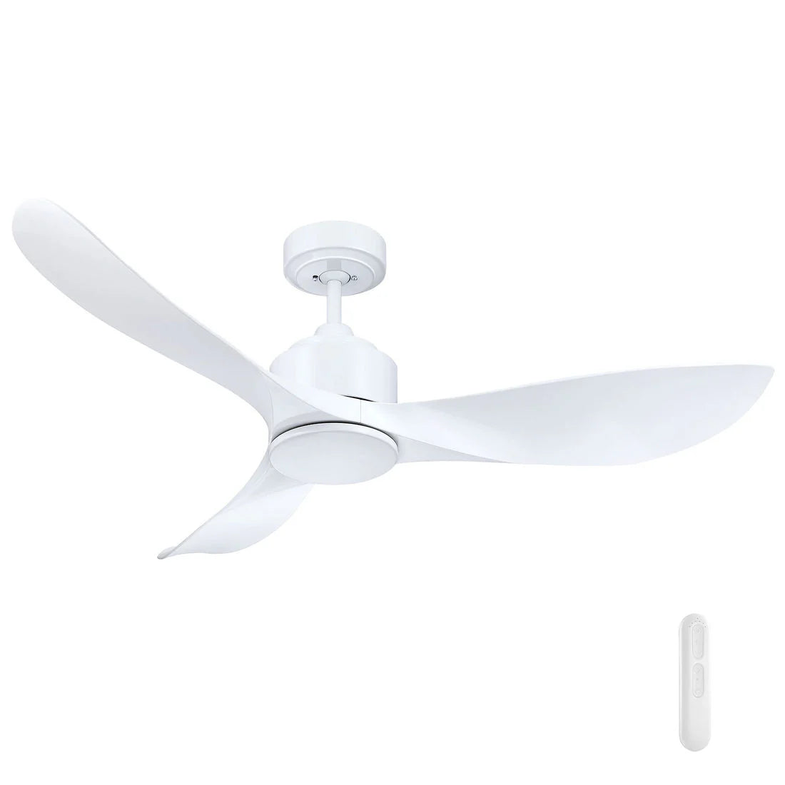 White silent operation DC ceiling fan ideal for bedrooms and living rooms with remote control on a white background