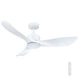 White silent operation DC ceiling fan ideal for bedrooms and living rooms with remote control on a white background