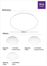 Energy-efficient Mercator E27 fan light with stylish design Product dimensions and color options with IP44 rating on a white background