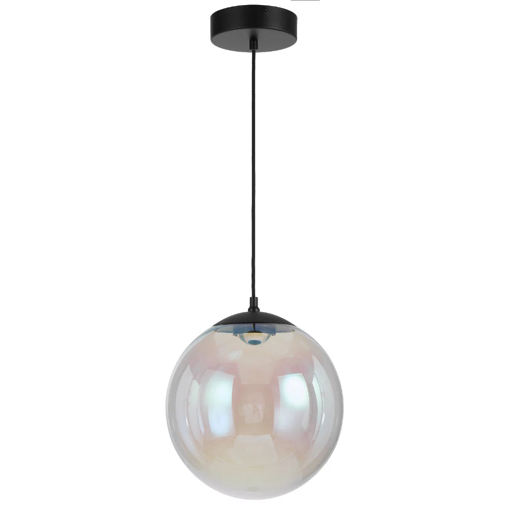 Stylish Aurora sphere pendant by Telbix in black and rainbow glass, perfect for contemporary interiors