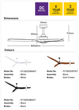 Ceiling fan dimensions and color options with warranty information on a white background