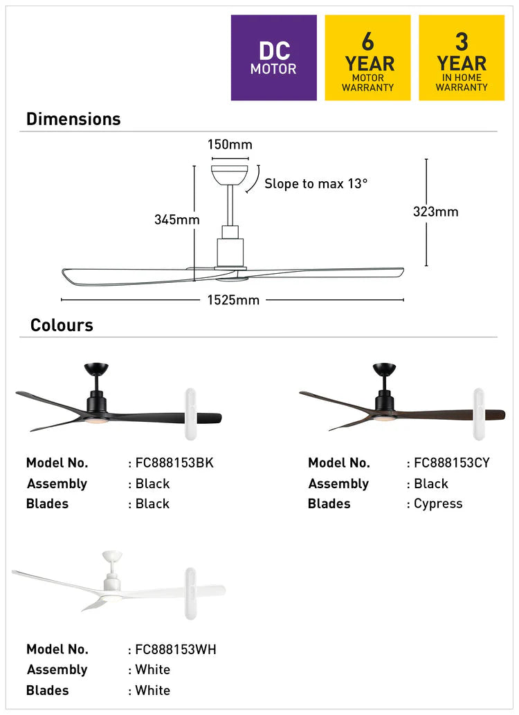 Technical drawing and dimension of Modern 3-blade DC fan for large rooms with built-in LED lighting