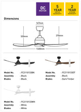 Ceiling fan dimensions and model options with warranty information on a white background