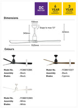 Ceiling fan dimensions and color options with warranty information on a white background