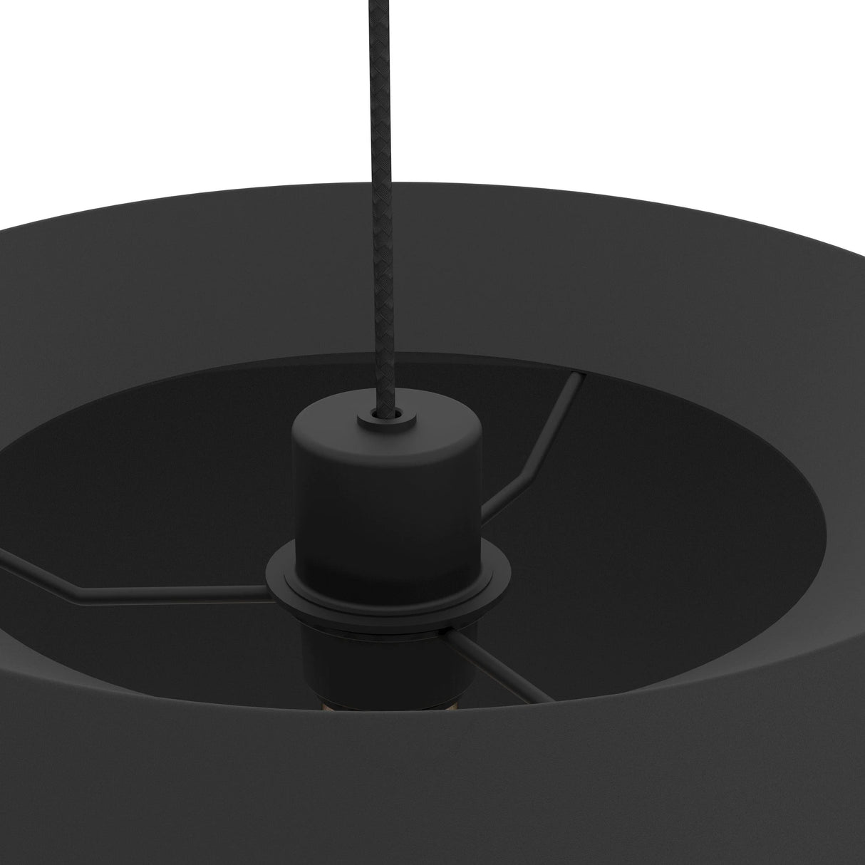 Close-up of a black pendant light fixture on a white background
