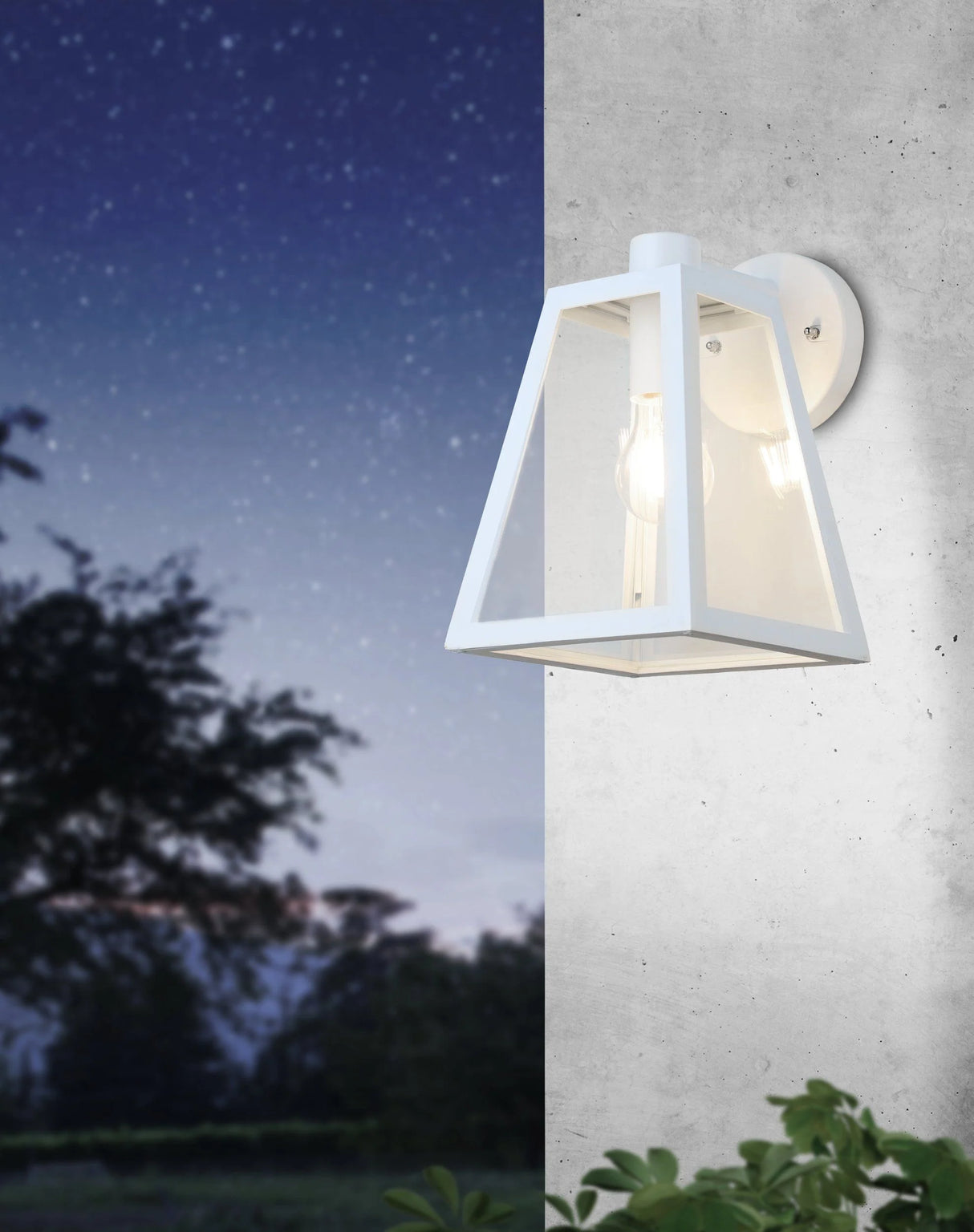 White outdoor Decorative and functional wall lighting by Eglo on a concrete pillar with a night sky and trees in the background.