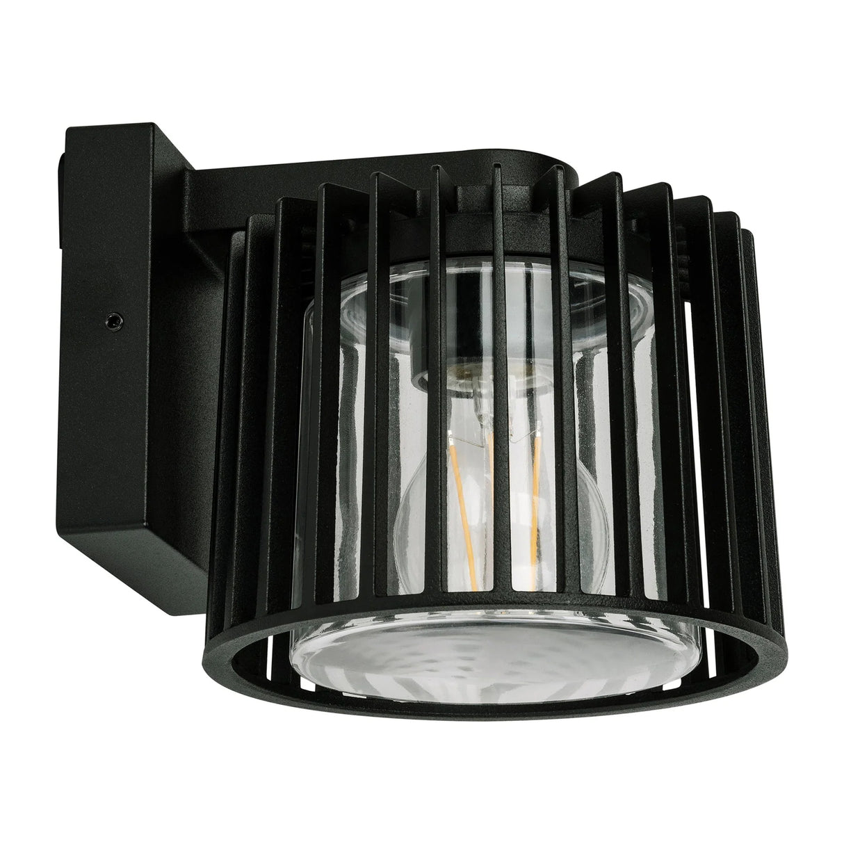Black outdoor wall light fixture on a white background
