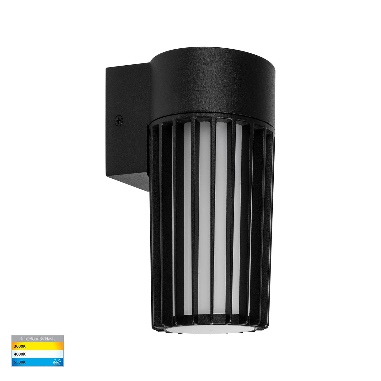 Glass panel exterior wall sconce in sleek black finish.