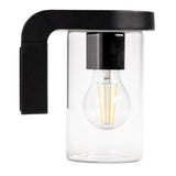 Modern wall-mounted light fixture with a black finish and clear glass shade on a white background