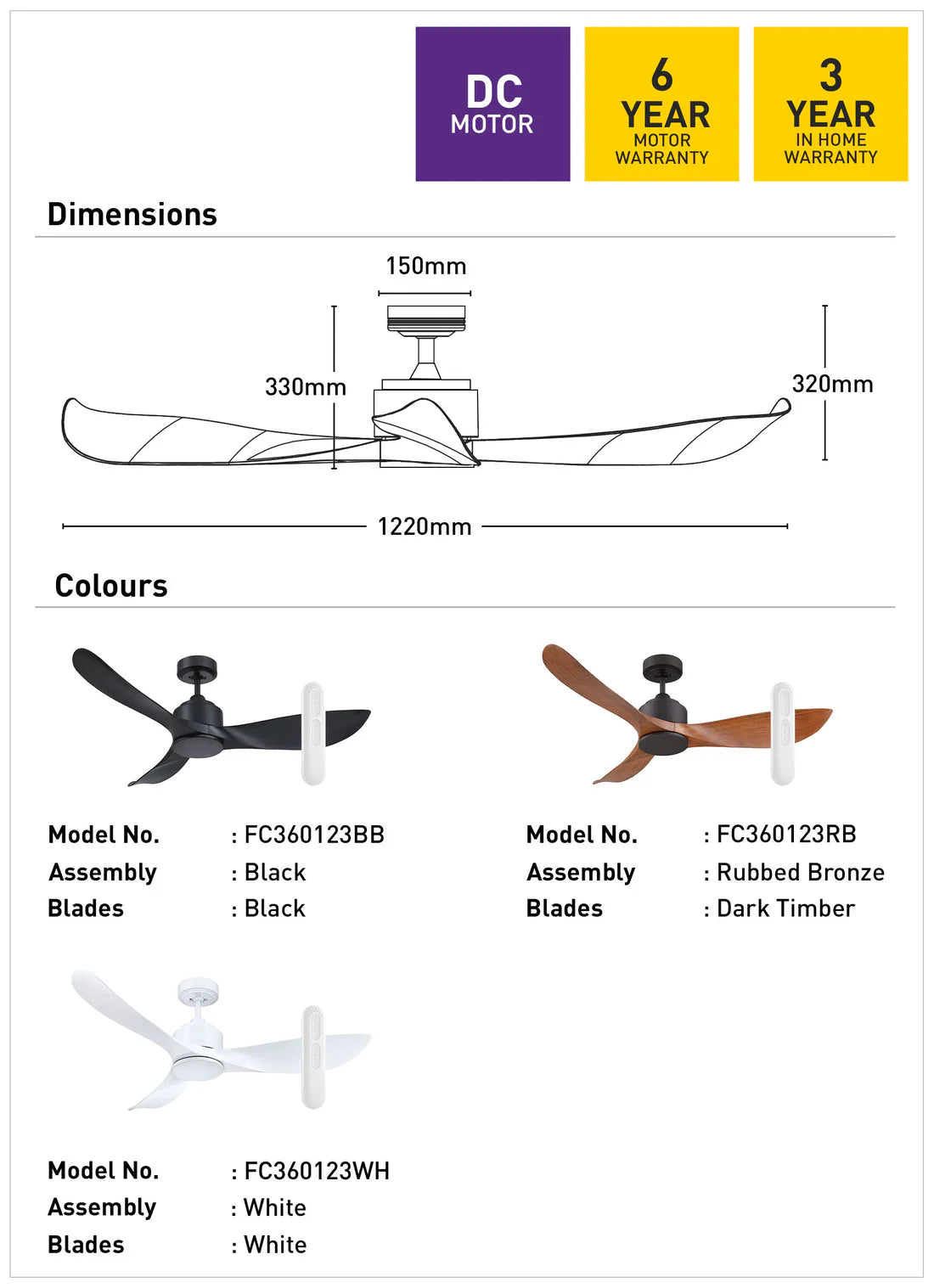 Ceiling fan dimensions and color options with warranty information on a white background