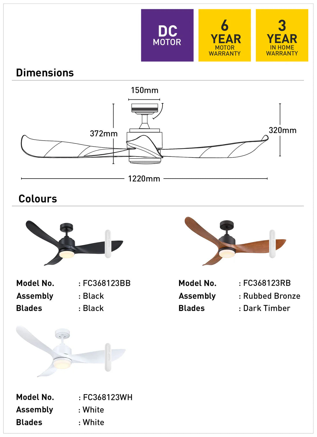 Ceiling fan dimensions and color options with warranty information on a white background