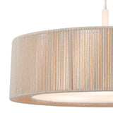 Close-up of a beige pendant lamp with a textured shade on a white background