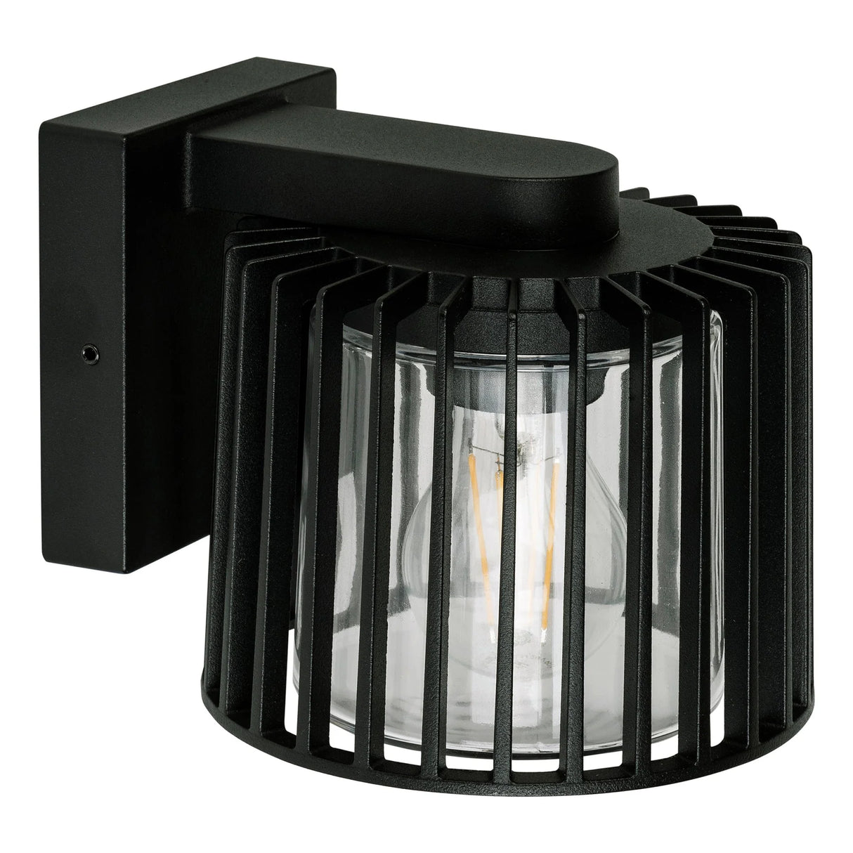 Black outdoor wall light fixture with clear glass cover on a white background