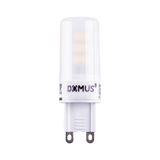 Installation view of Domus KEY G9 4W 240V dimmable LED light bulb with 'DOMUS' branding on a white background