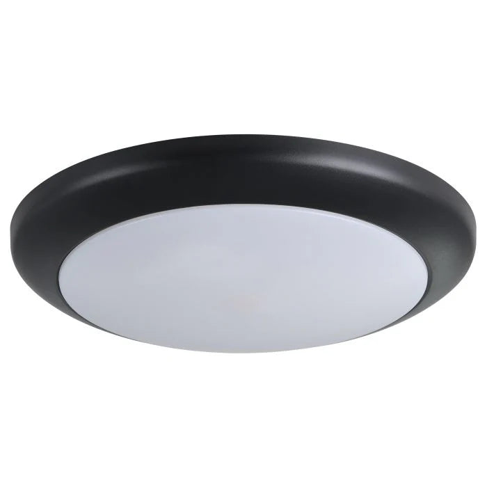 Ceiling light fixture with black outer rim and white inner surface on a white background