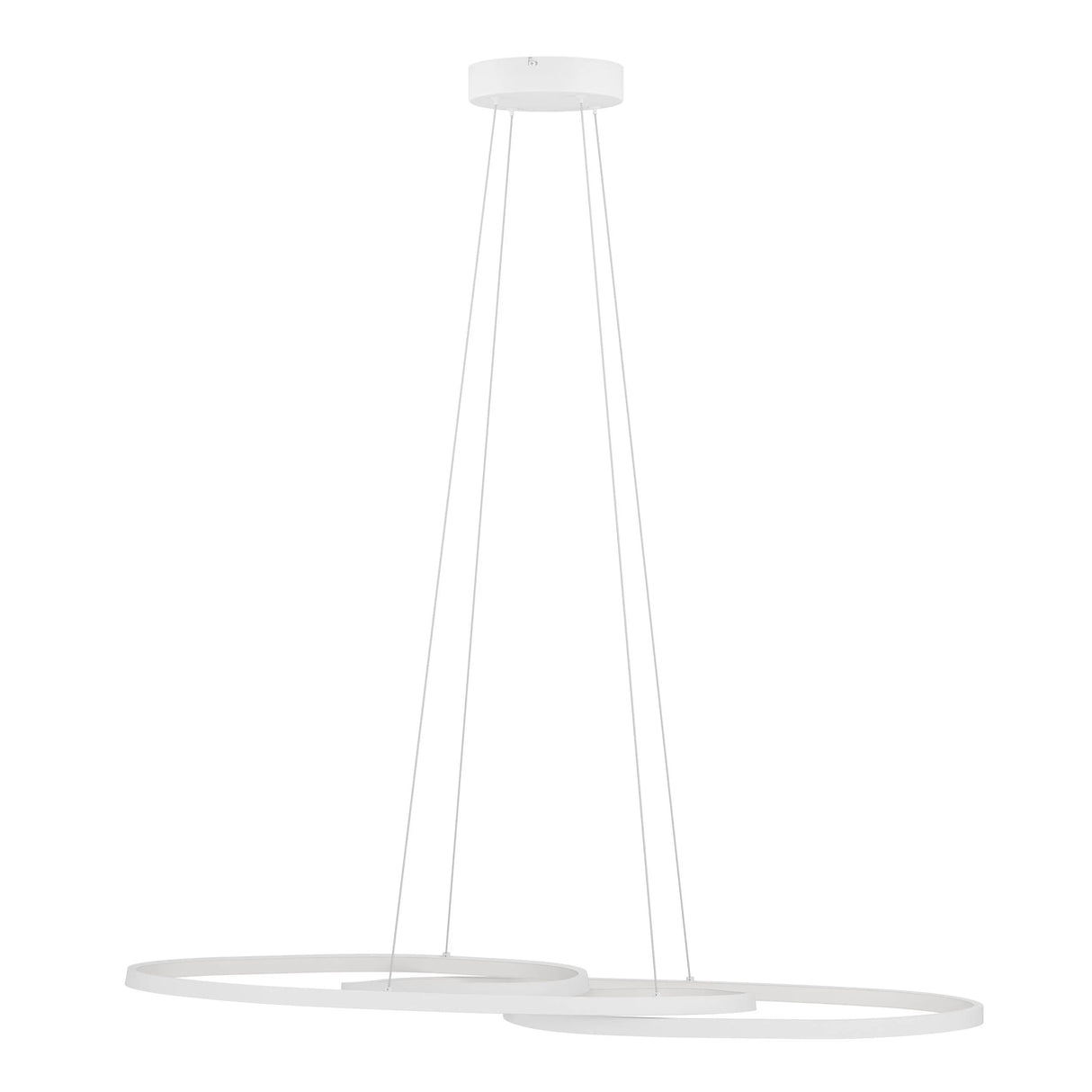 Modern pendant light with white circular shades on a white background