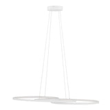 Modern pendant light with white circular shades on a white background