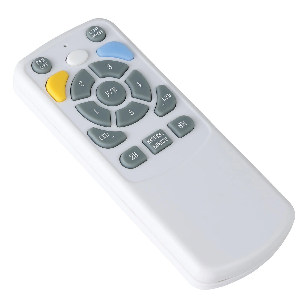 White remote control with various buttons on a white background