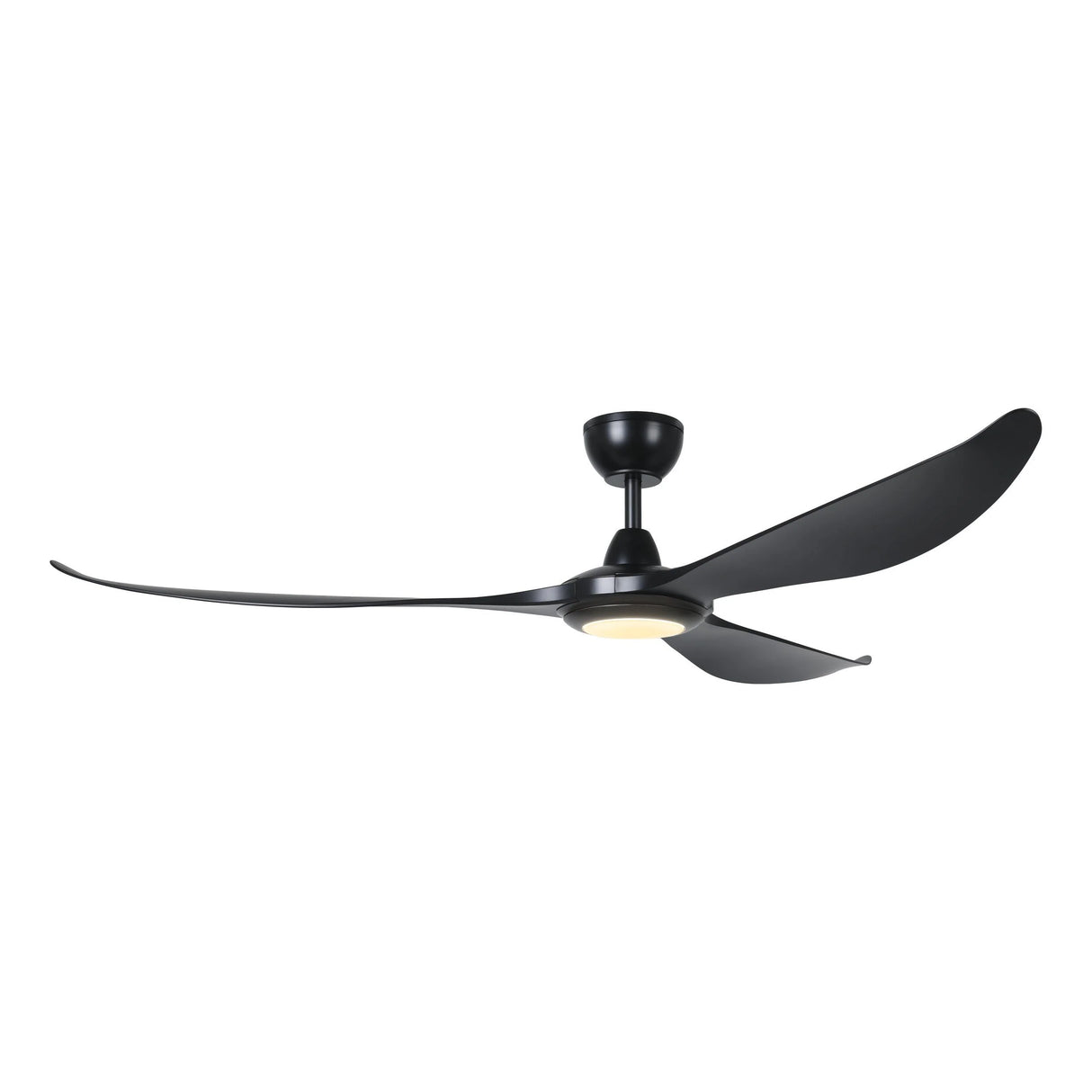Black LED light and blades detail on Eglo Kurrawa outdoor fan on a white background