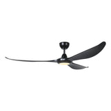 Black LED light and blades detail on Eglo Kurrawa outdoor fan on a white background