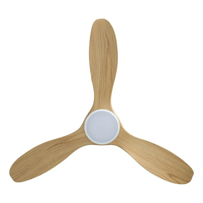 Ceiling fan blade with wooden blades and a white center on a white background