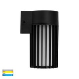 Contemporary outdoor light with black frame and glass housing.