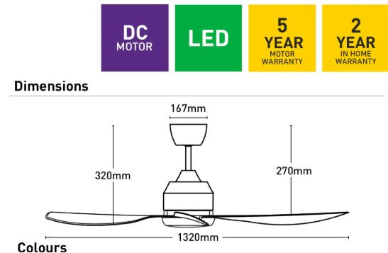 Technical specifications of a ceiling fan with dimensions and warranty information.