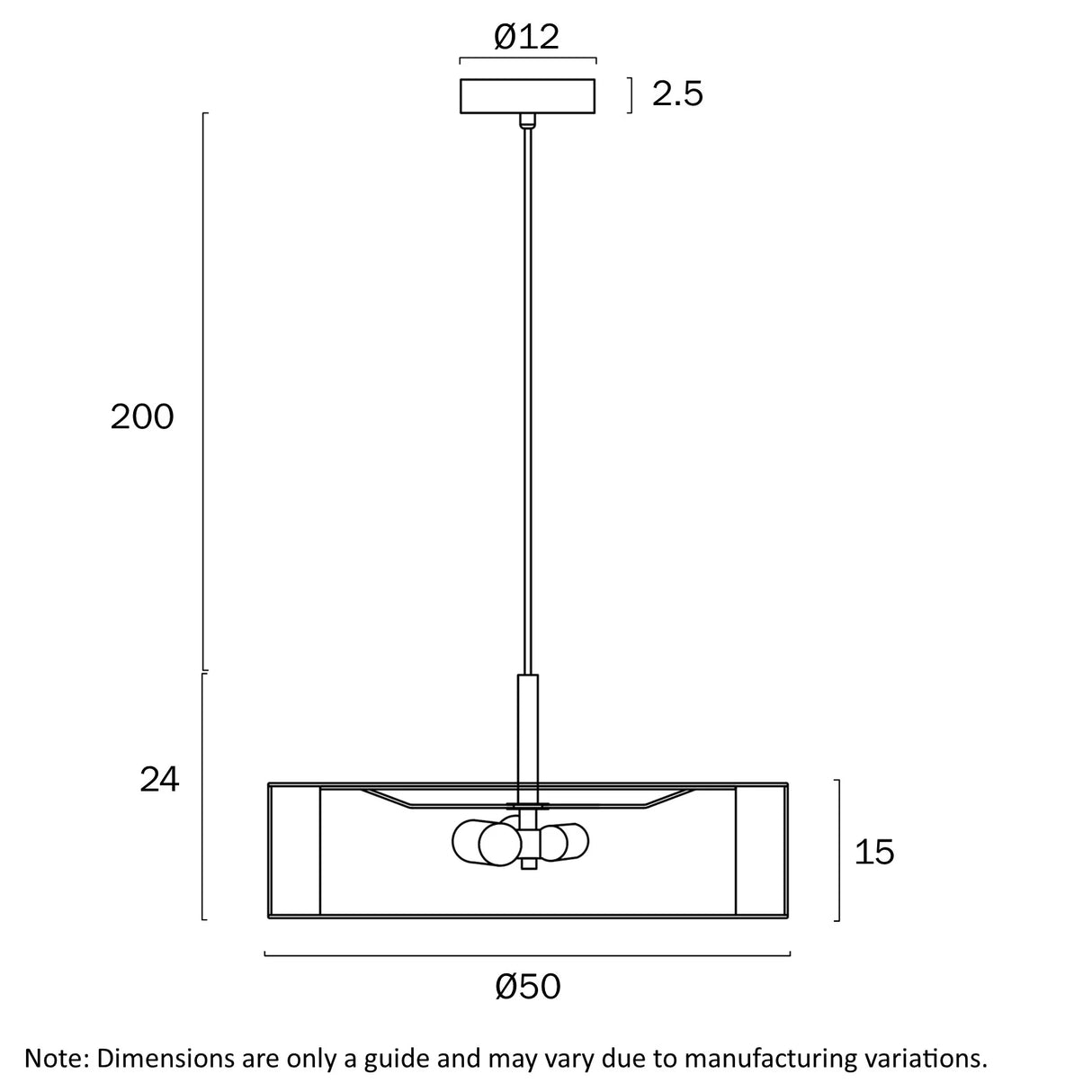 Telbix Cusco 50 Pendant technical drawing of a pendant light with dimensions.