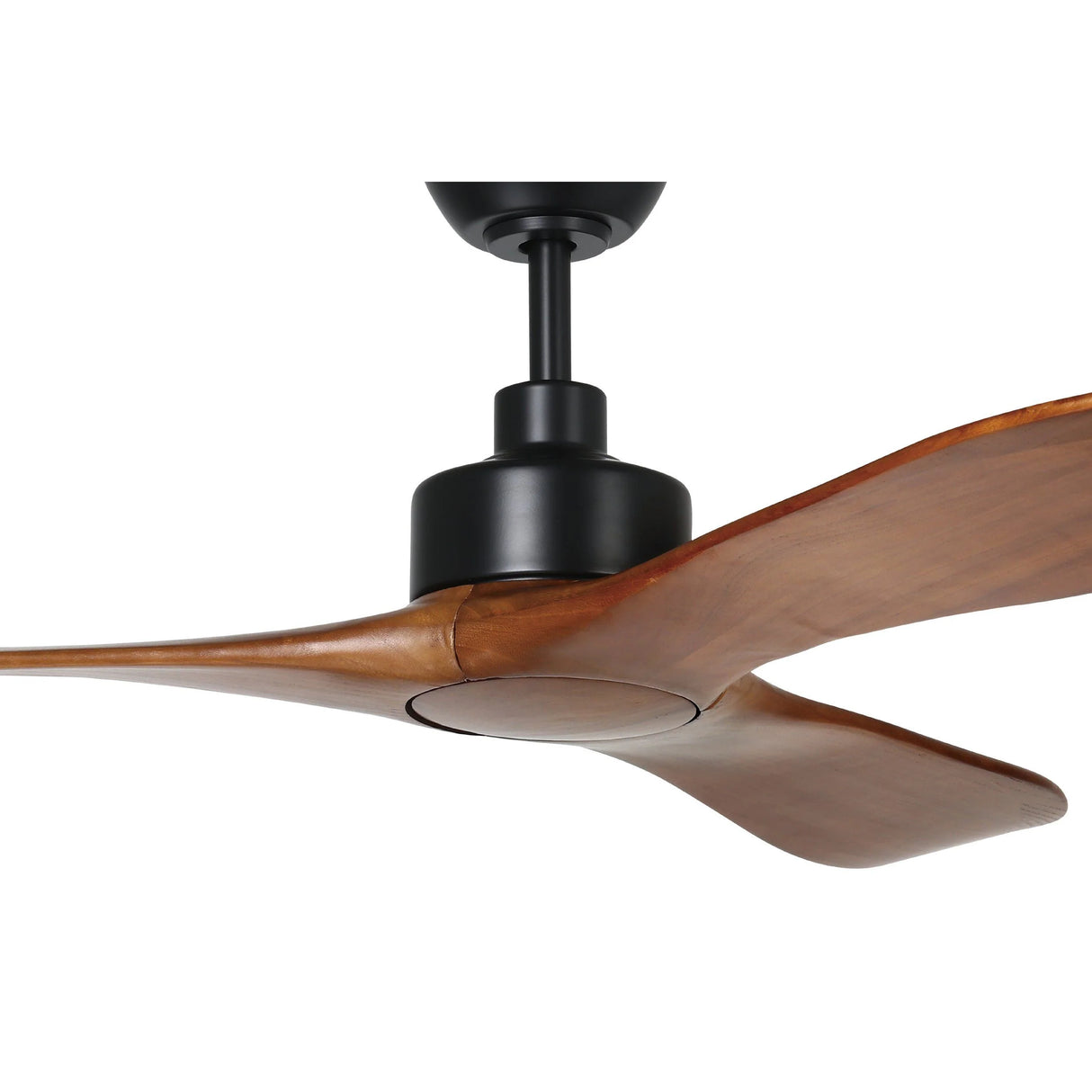 Sleek and modern Eglo Currumbin fan with aerodynamic blades and wooden blades on a white background
