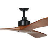 Sleek and modern Eglo Currumbin fan with aerodynamic blades and wooden blades on a white background