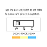 Diagram showing a pre-set switch for color temperature selection of DL9417 LED downlight for residential and commercial use