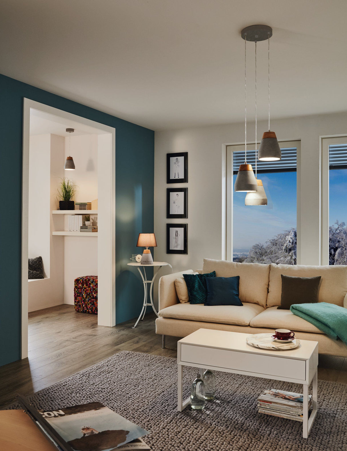 Elegant wood and steel pendant light for living spaces