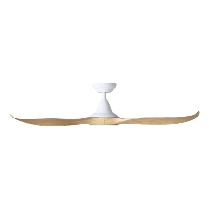 Ceiling fan with white motor and wooden blades on a white background