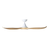 Ceiling fan with white motor and wooden blades on a white background