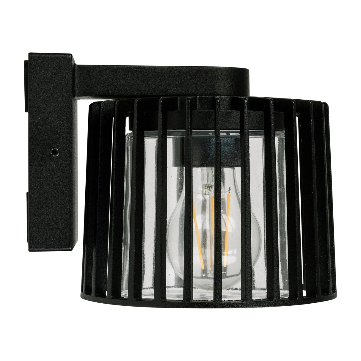 Black outdoor wall light fixture with clear glass cover on a white background. 