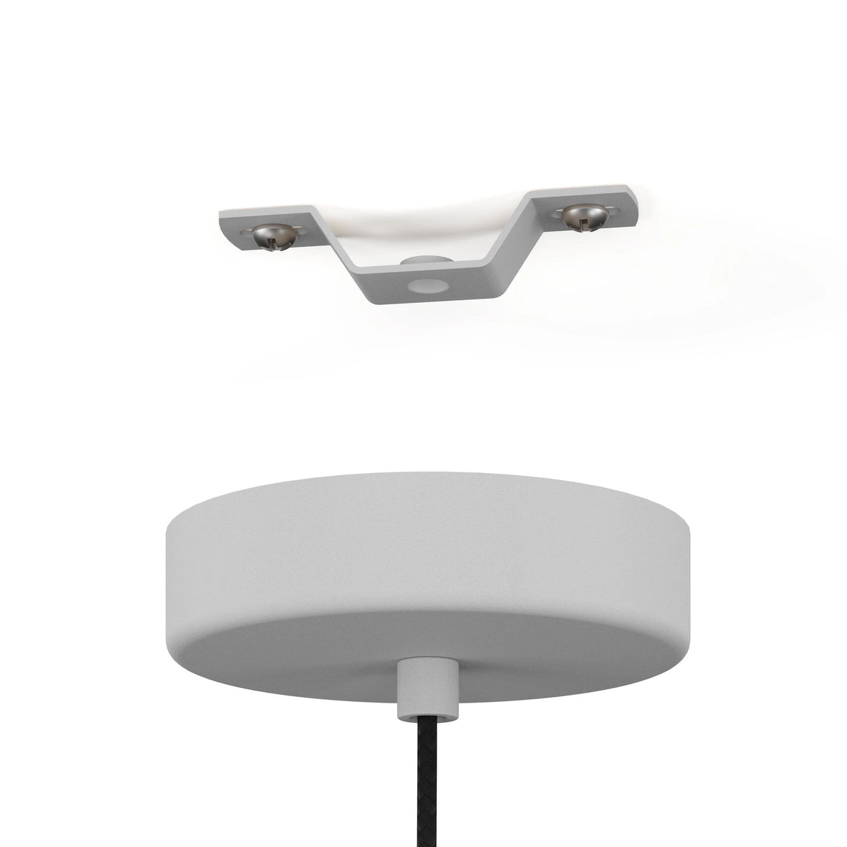 Ceiling light fixture with white shade and gray fitting on a white background