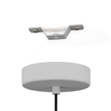 Ceiling light fixture with white shade and gray bracket on a white background