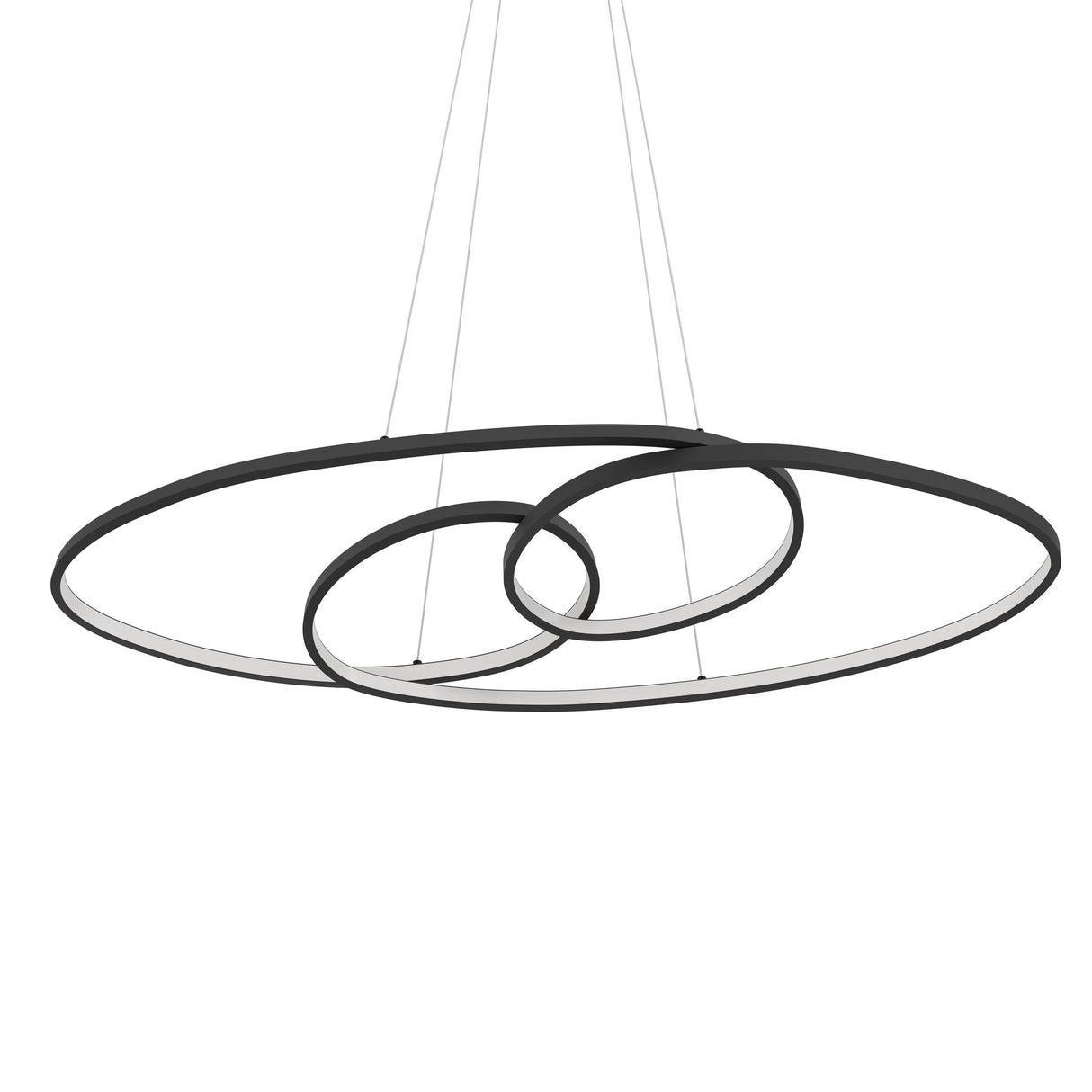 Modern pendant light with three circular black frames on a white background