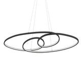 Modern pendant light with three circular black frames on a white background