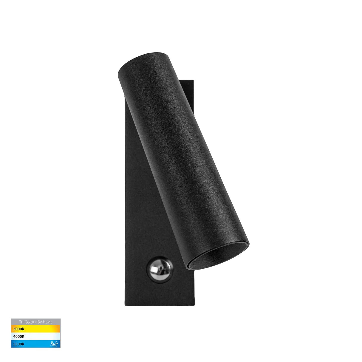 Black wall-mounted light fixture on a white background