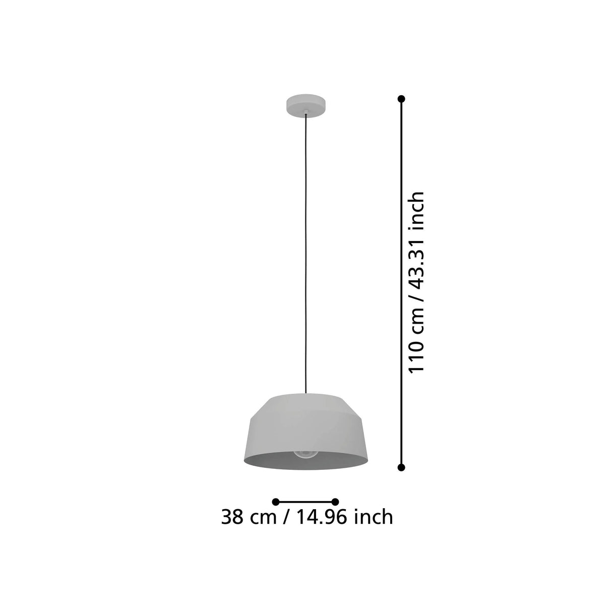 Gray pendant light with dimensions indicated on a white background