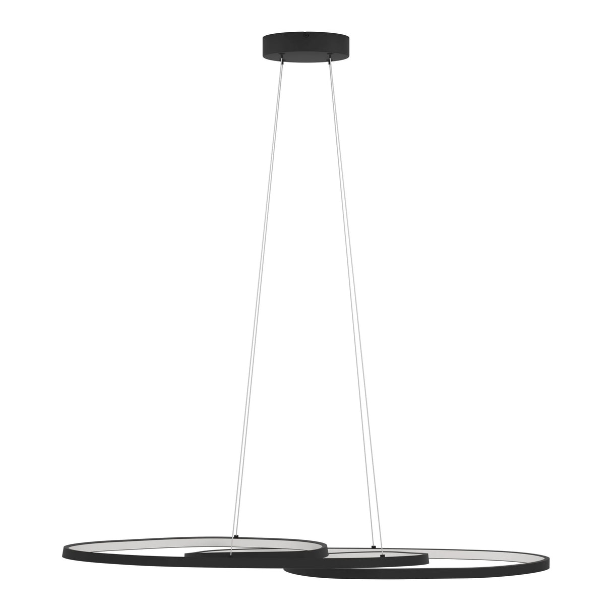 Modern pendant light with black circular shade on a white background