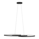 Modern pendant light with black circular shade on a white background
