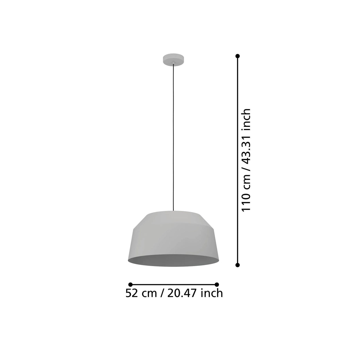Gray pendant light with measurements on a white background
