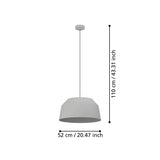 Gray pendant light with measurements on a white background
