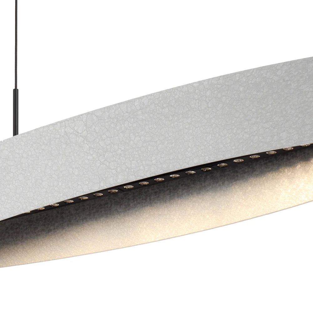 A sleek silver Telbix Arezzo 240cm linear pendant light suspended at an angle