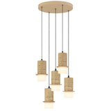 Pendant light fixture with cork-textured shades on a white background