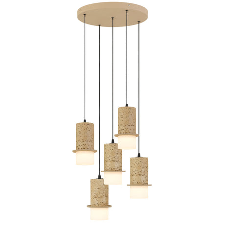 Pendant light fixture with cork-textured shades on a white background