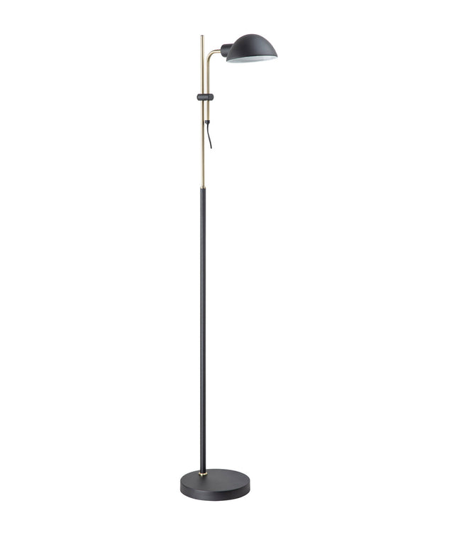 Black floor lamp with adjustable reading light on a white background