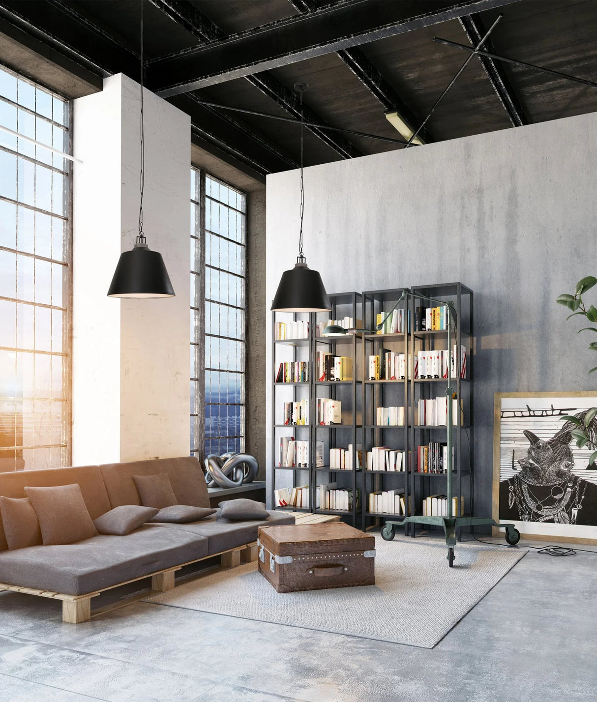 CLA Cloche Interior Metal Shade with Travertine Highlight Bell Shape Pendant Lights